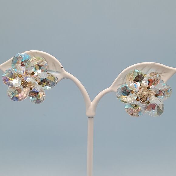 Vintage Aurora Borealis Clip-On Earrings Floral Crystal Beads 1950s Jewelry - Picture 2 of 11